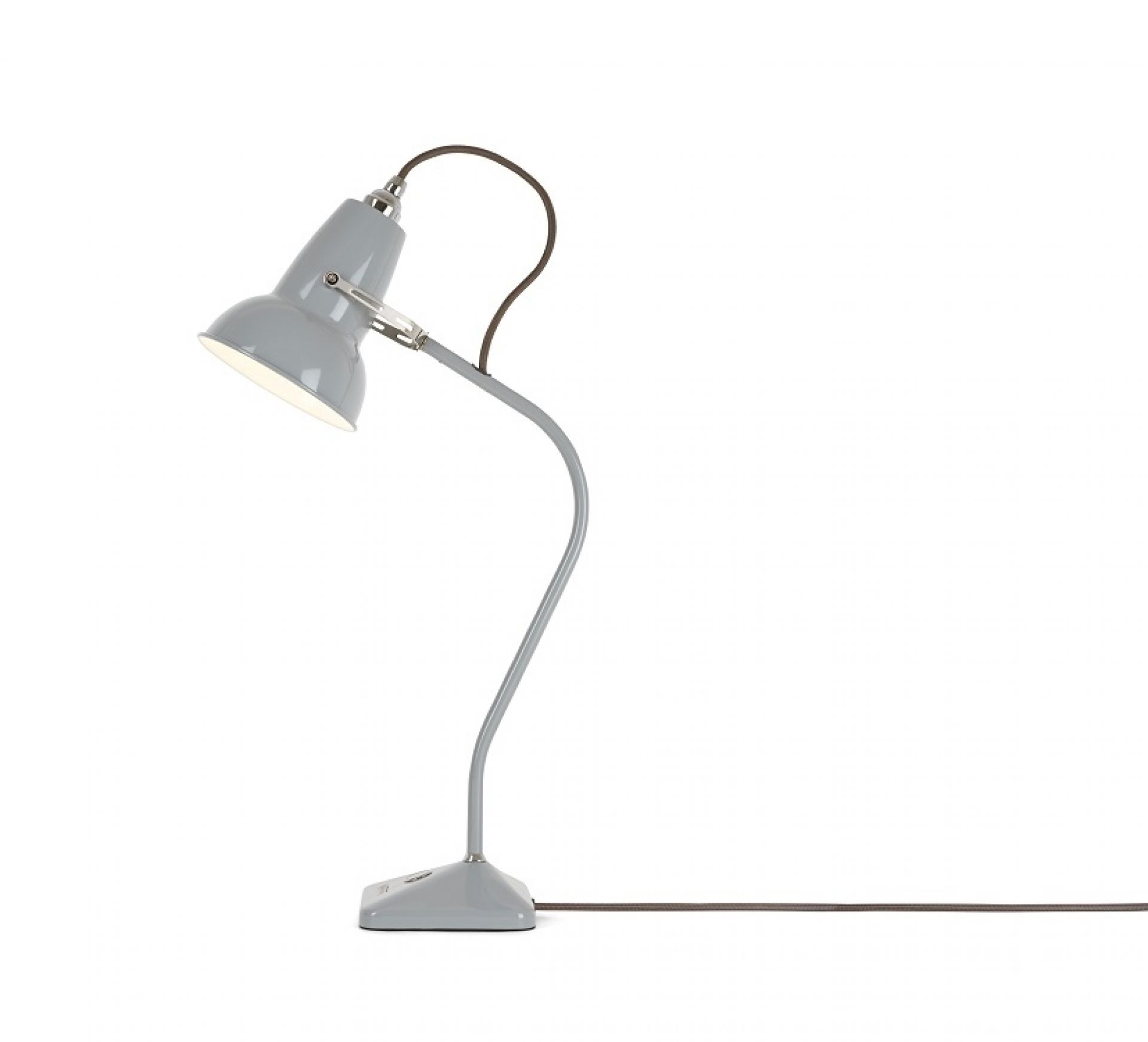 Graue Anglepoise Original 1227 Mini Tischleuchte mit flexiblem Arm und Lampenschirm.