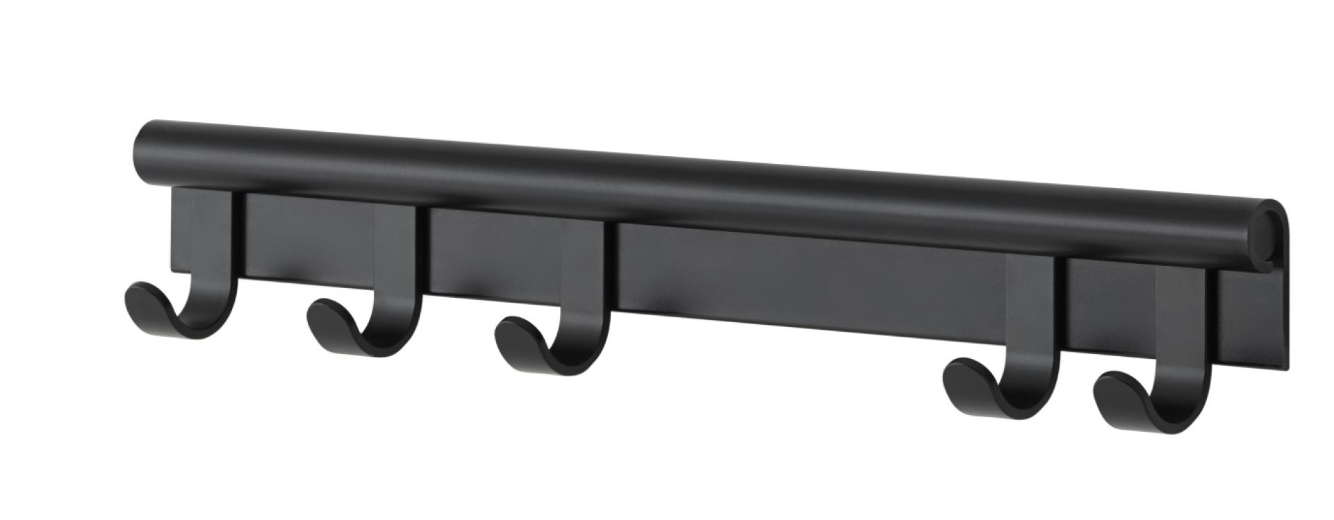 Schwarze Muuto Coil Coat Rack Wandgarderobe mit fünf Haken für Jacken und Mäntel.