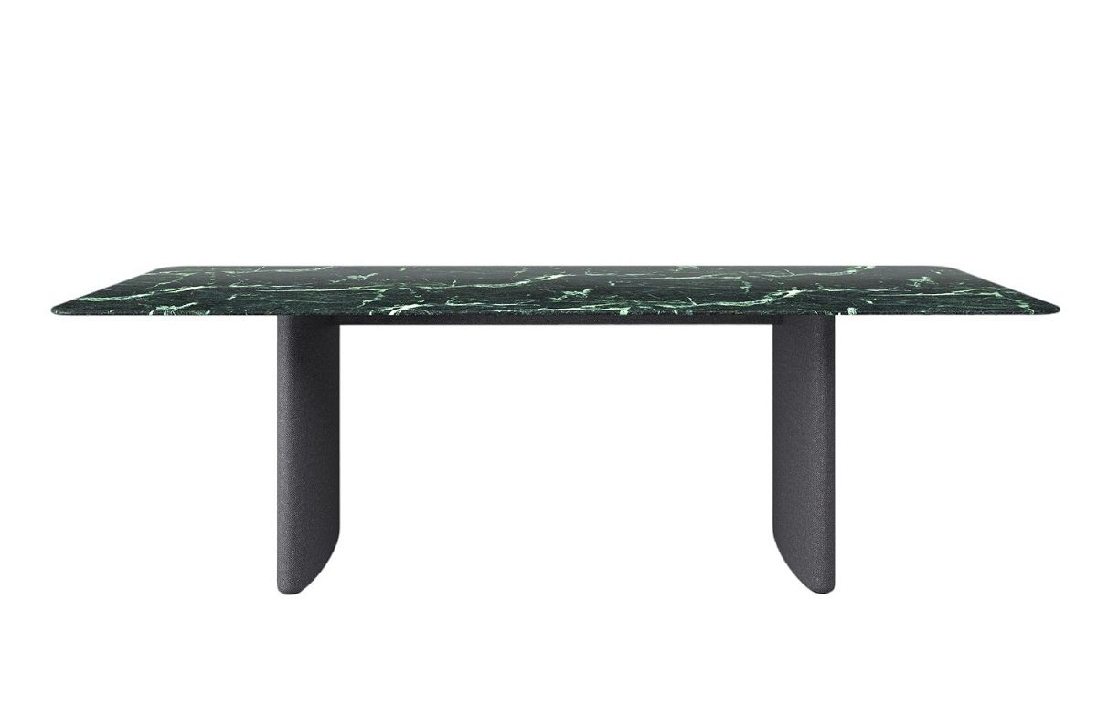 Ipa Wangentisch mit grüner Marmorplatte und grauen Wangen, moderner Esstisch für Esszimmer.