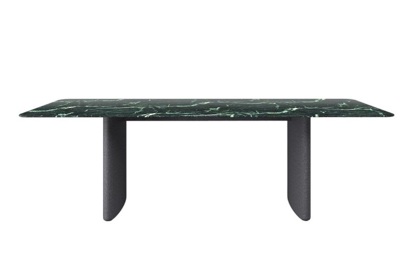 Ipa Wangentisch mit grüner Marmorplatte und grauen Wangen, moderner Esstisch für Esszimmer.