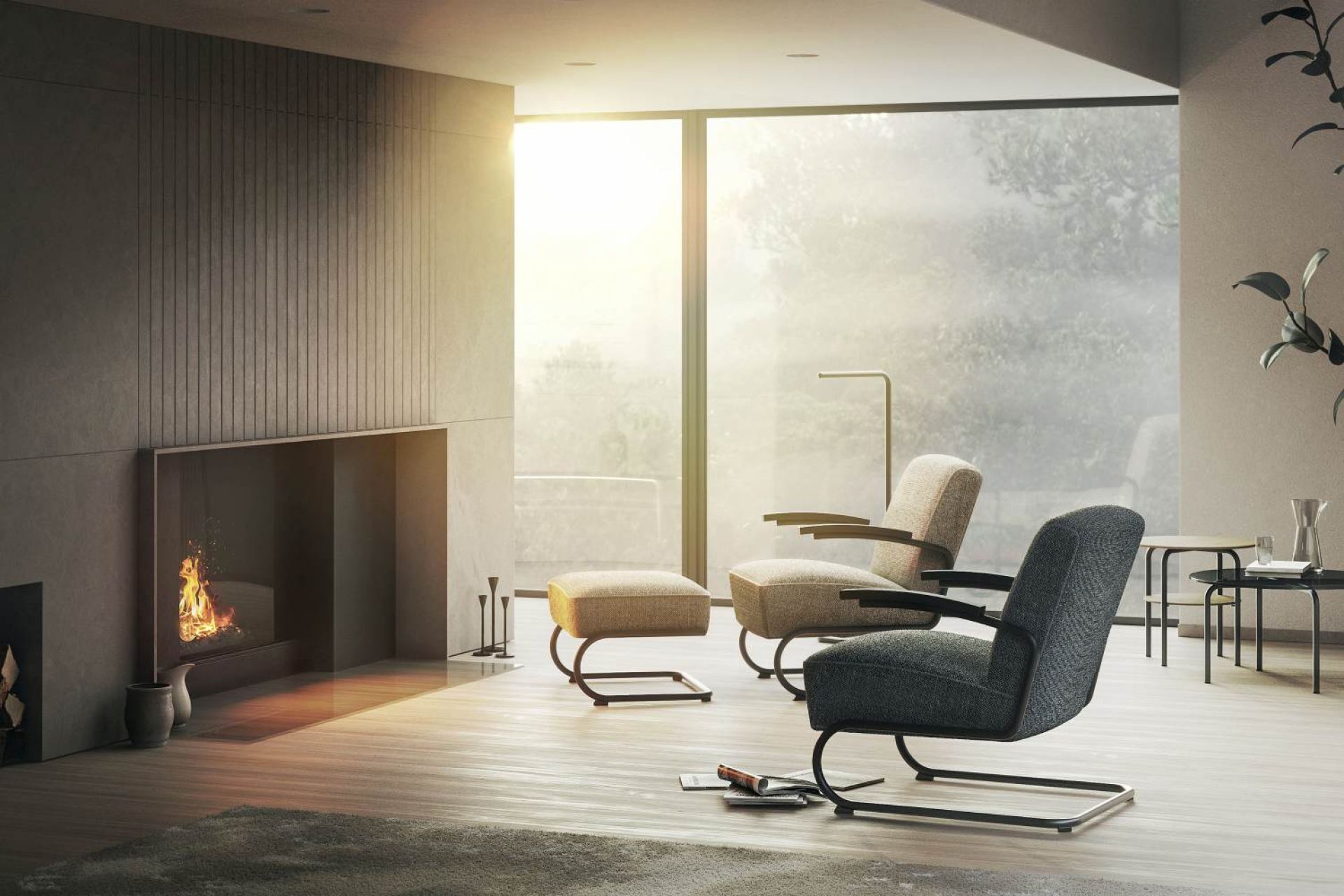 Wohnzimmer mit Kamin und Thonet Freischwinger Stühlen, sowie einer Lum LED Stehleuchte im Hintergrund.