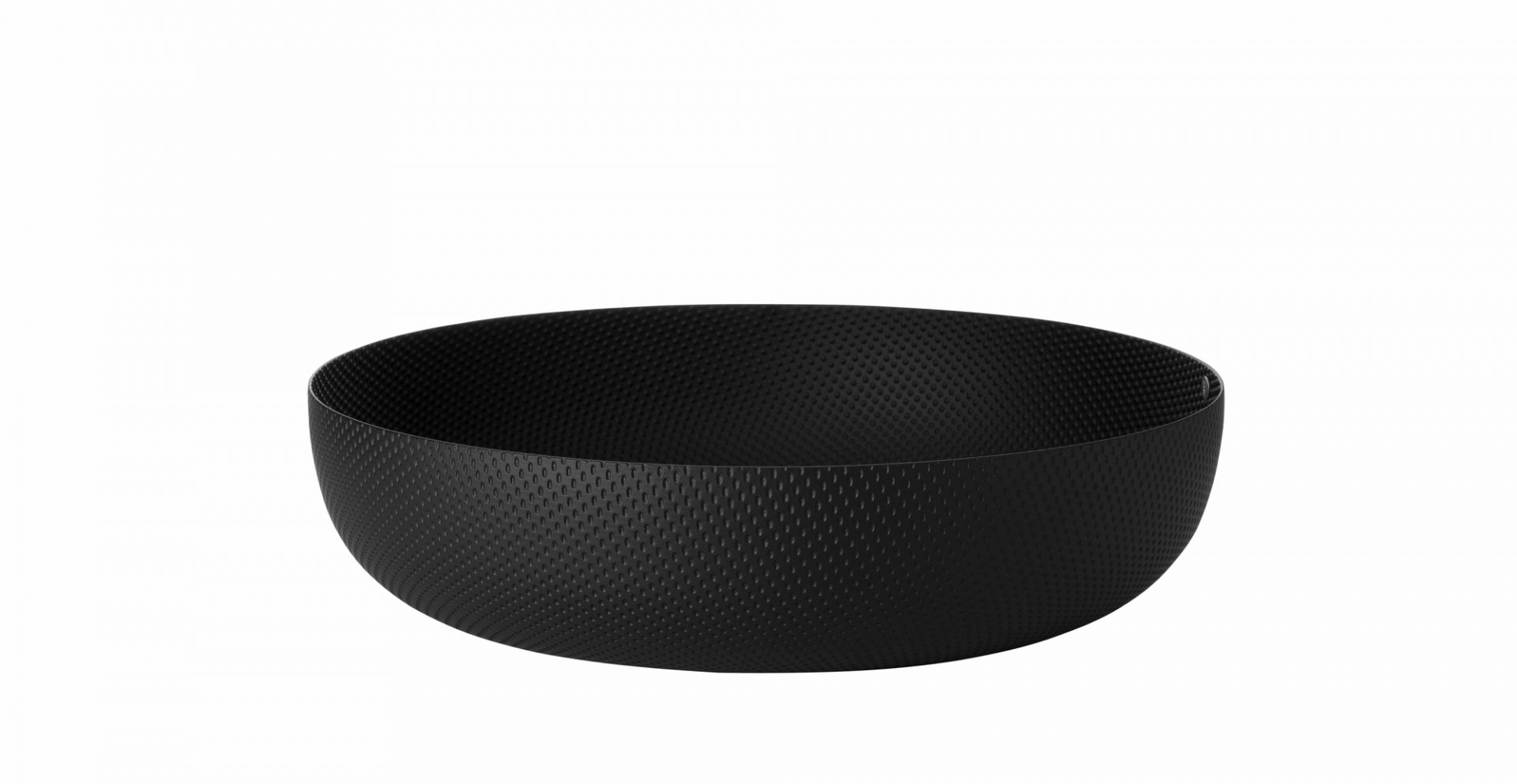 Schwarze, runde Alessi Obstschale JM17/29 mit feiner Textur, geeignet für Obst und Dekoration.