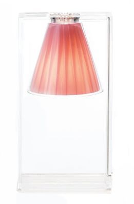Light-Air Tischlampe von Kartell: Rosa Lampenschirm in transparentem Rahmen, moderne Tischleuchte.