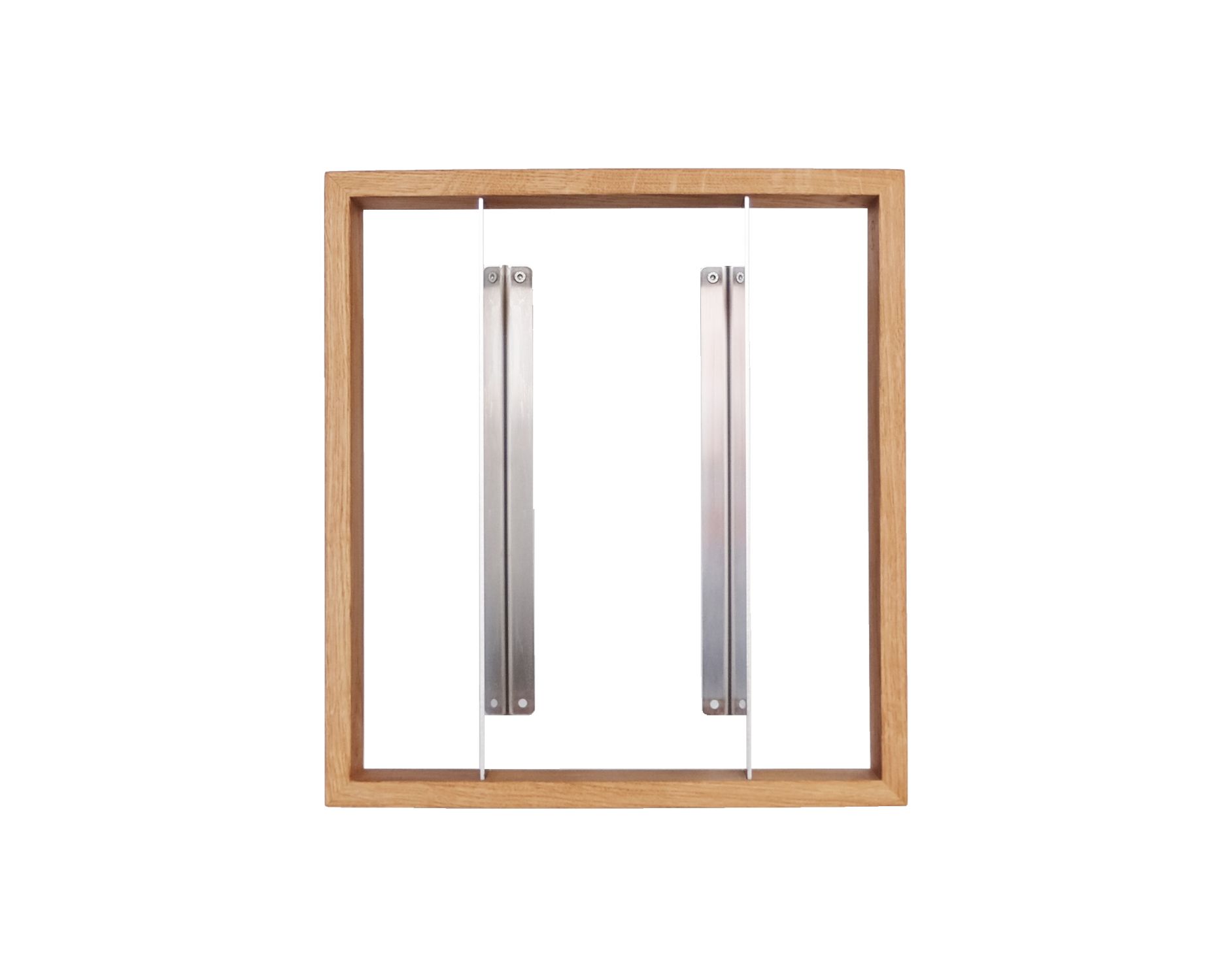 Vinyl b-platte Schalplattenregal das kleine b: Quadratischer Holzrahmen mit zwei Metallstreben zur Schallplattenaufbewahrung.