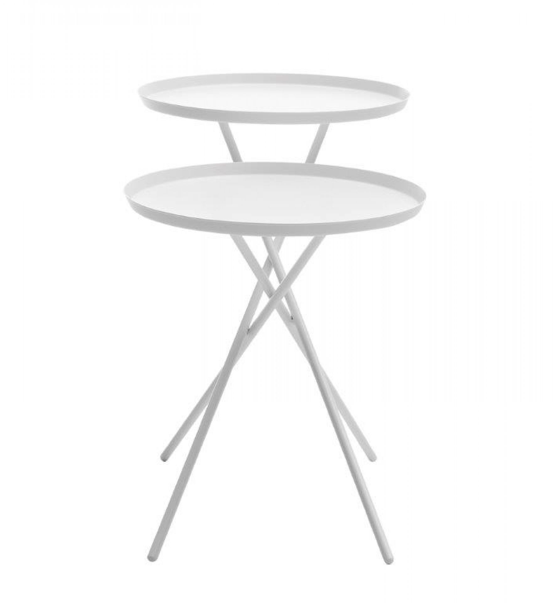 Weißer Monday Beistelltisch mit zwei Ablageflächen und filigranem Metallgestell für Wohnzimmer und Schlafzimmer.