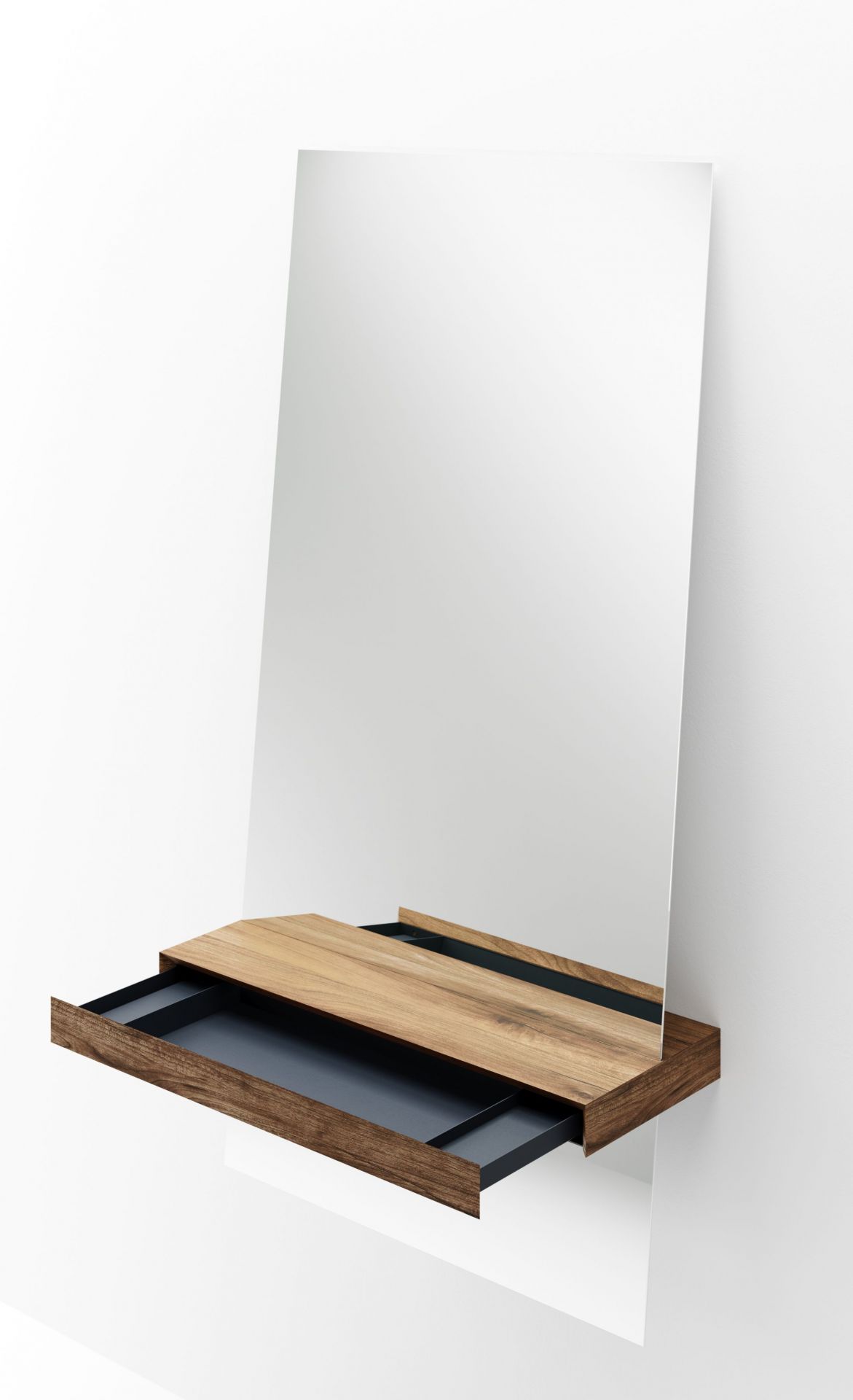 Guillotine Spiegel: Rechteckiger Wandspiegel mit Walnuss-Konsole und Schublade für Badezimmer oder Ankleidezimmer.