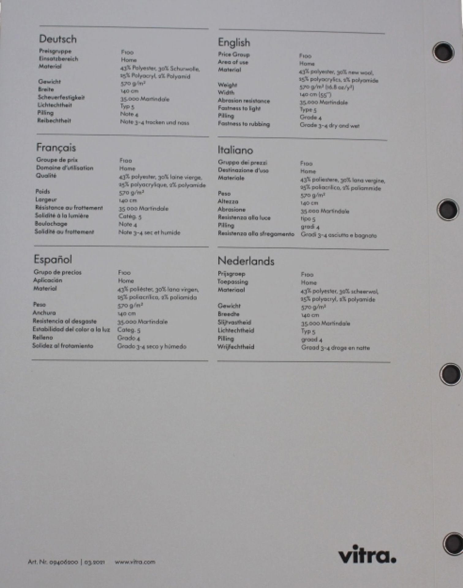 Nahaufnahme der Stoffmusterkarte Nubia Vitra mit Materialzusammensetzung und technischen Daten in mehreren Sprachen.