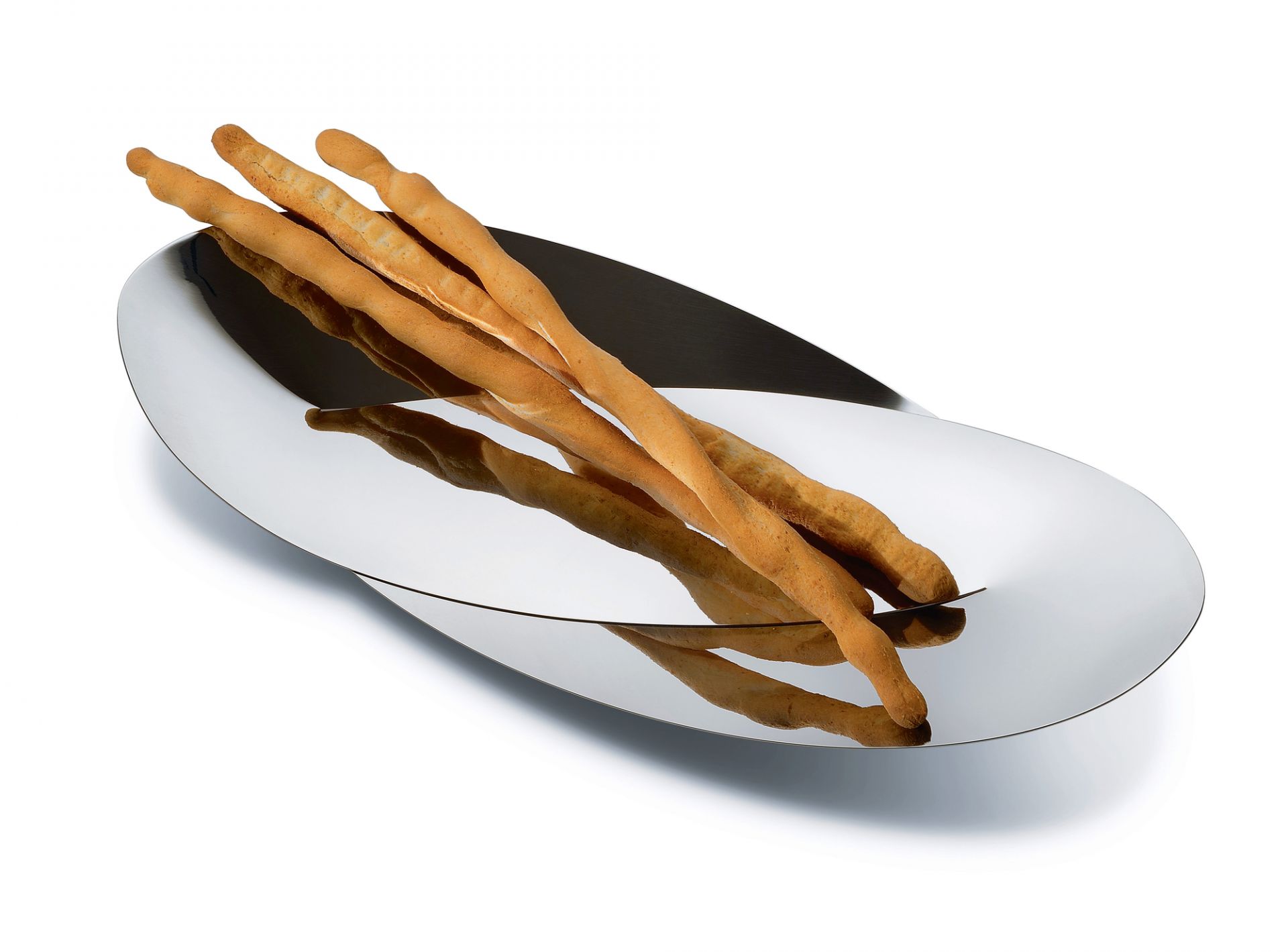 Alessi Brotkorb Octave: Ovale, silberne Edelstahlschale mit Grissini, modernes Design für Brot und Obst.