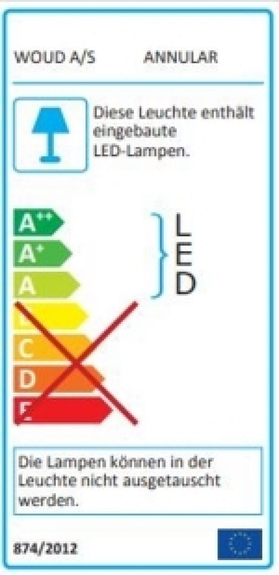 Energielabel der Woud Annular Pendelleuchte mit integrierten LED-Lampen, Energieeffizienzklasse A++ bis A.