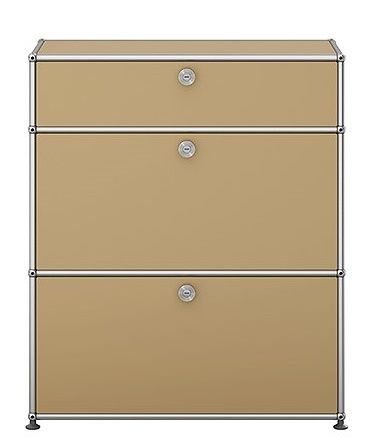 Beiges USM Haller Highboard mit zwei Klappen und verchromtem Gestell, modernes Designmöbel für Wohnzimmer und Büro.