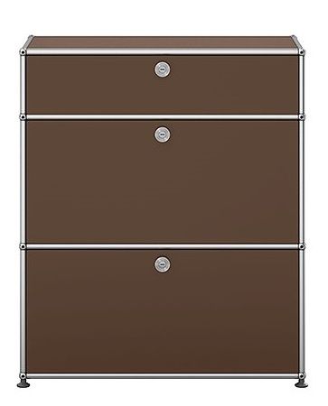 Braunes USM Haller Highboard mit zwei Klappen und silbernem Gestell, modernes Designmöbel für Wohnen und Büro.