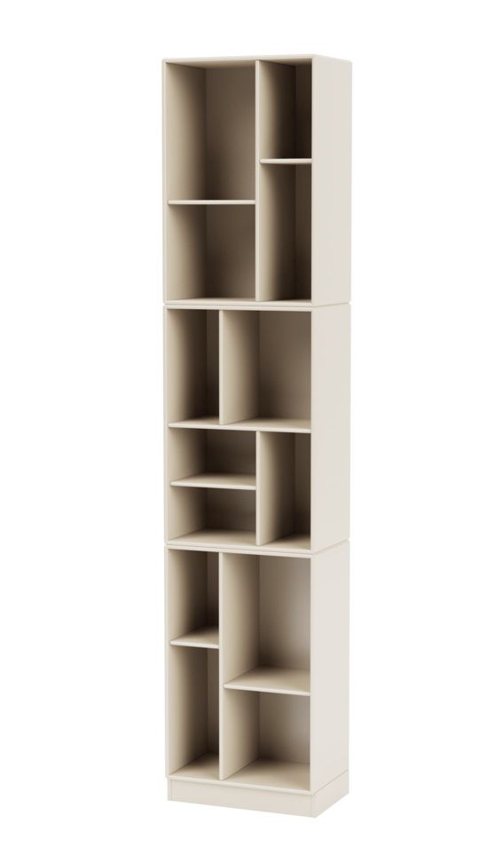 Loom Bücherregal in Oat Farbe, ein modernes Regal mit mehreren Fächern für Bücher und Dekoration.