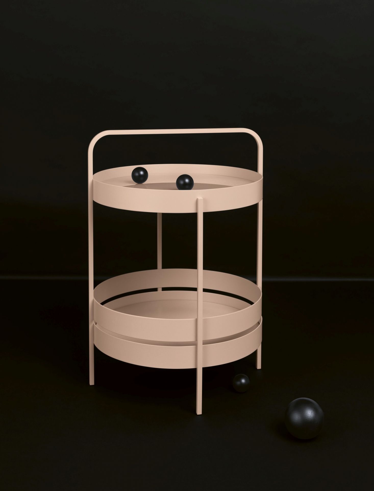 Albert Beistelltisch von Schönbuch, zweistöckig, rosa, mit Griff und schwarzen Kugeln.