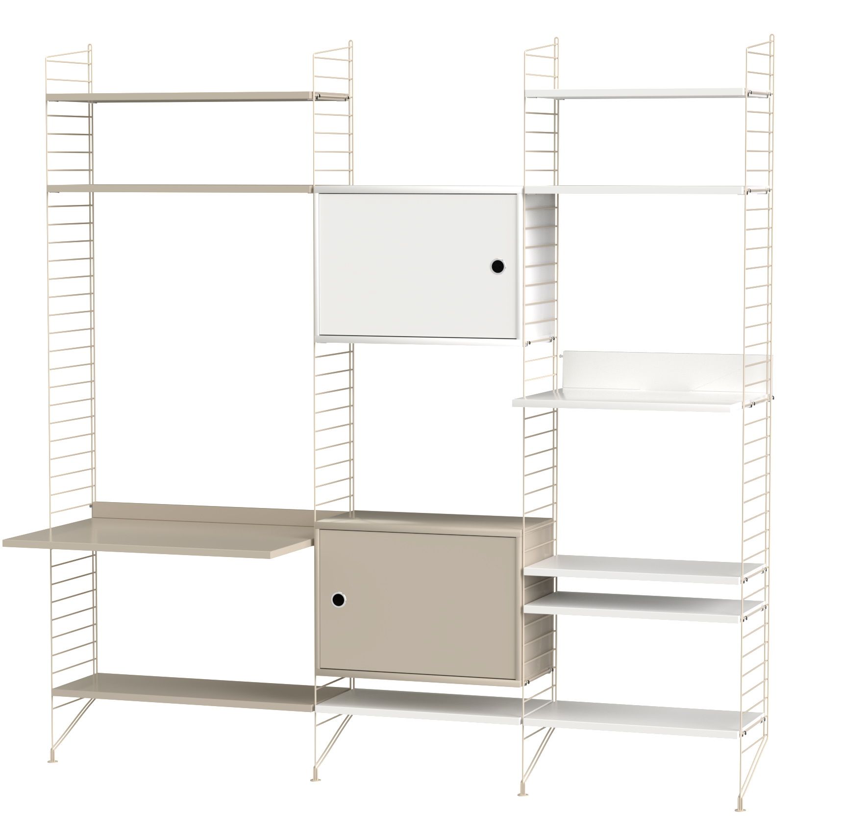 Beiges String Regalsystem mit Regalböden, Schreibtischplatte und Schrankelementen für Wohnzimmer und Büro.