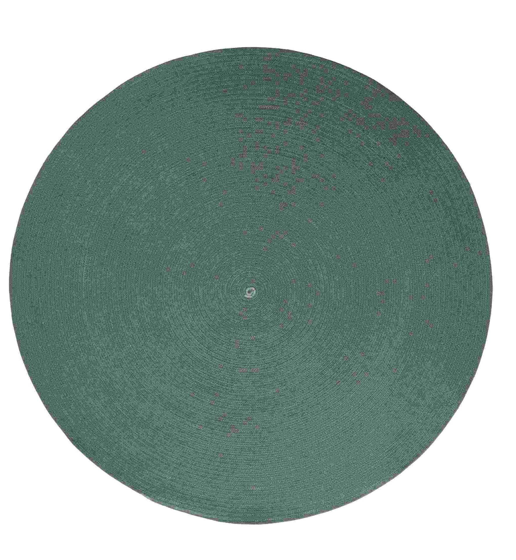 Dunkelgrüner, runder Cane-Line Outdoor Teppich. Moderner Teppich für den Außenbereich, wetterfest und stilvoll.