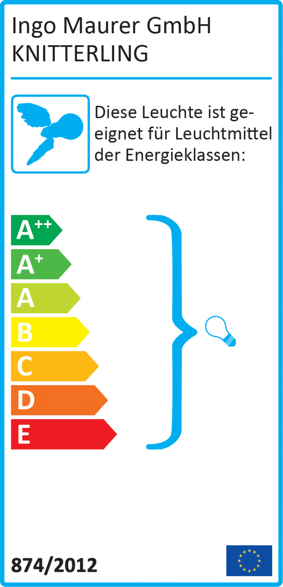 Energieeffizienzlabel der KNITTERLING Pendelleuchte von Ingo Maurer mit Energieklassen von A++ bis E.