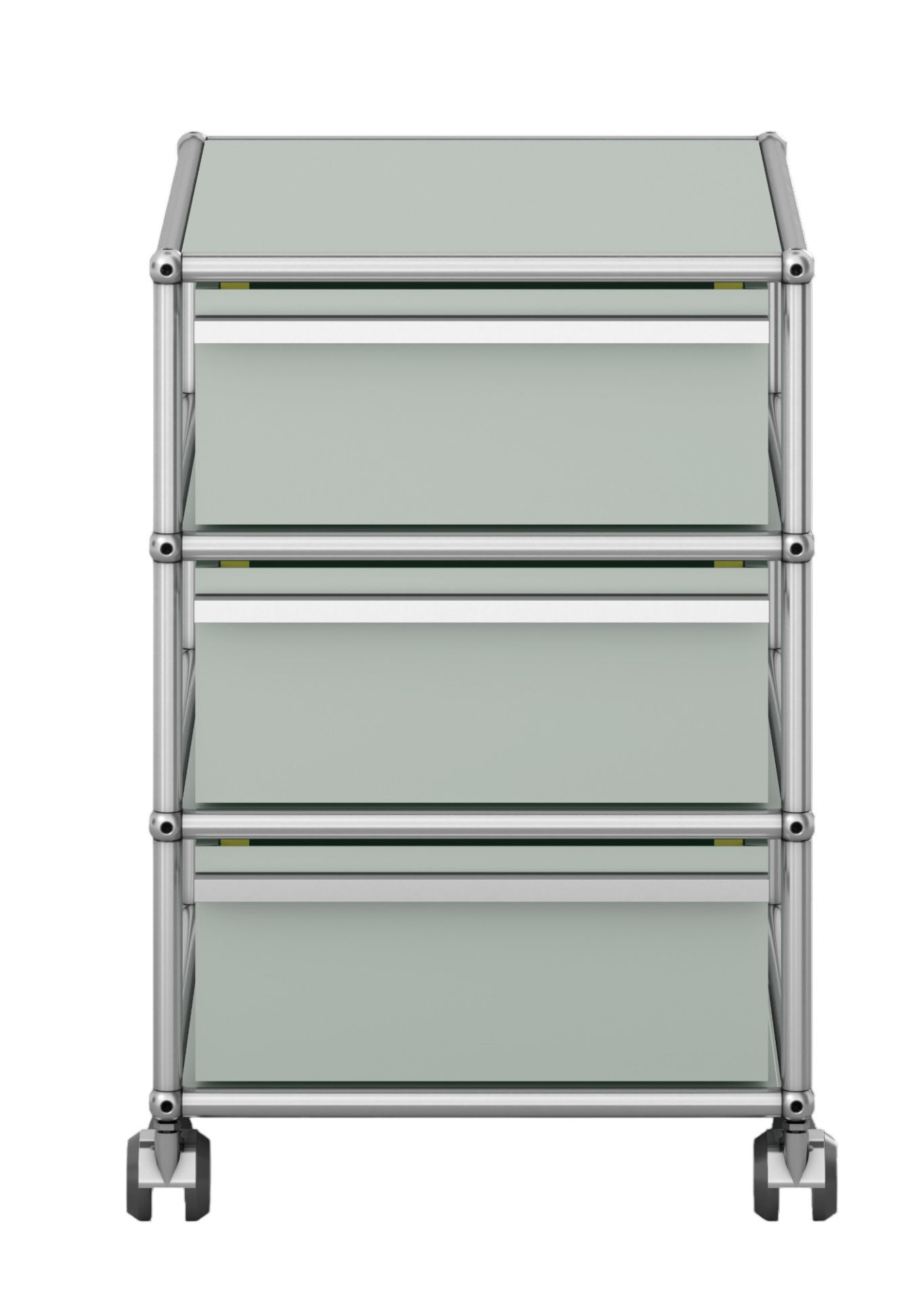 USM Haller Rollcontainer in Lichtgrau mit drei Schubladen und verchromtem Gestell auf Rollen.