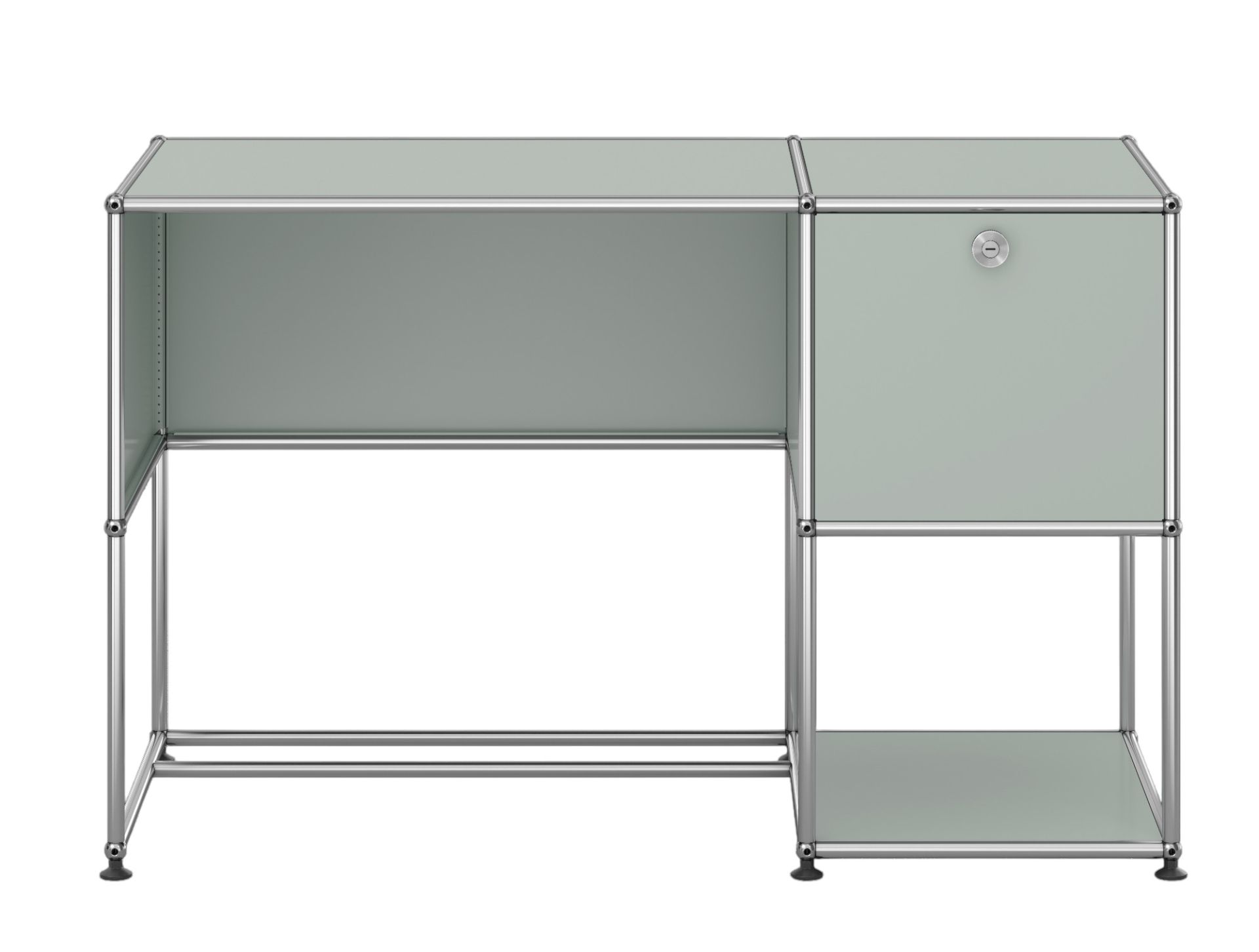 USM Haller Schreibtisch in Lichtgrau mit einem abschließbaren Fach und minimalistischem Design für das moderne Büro.