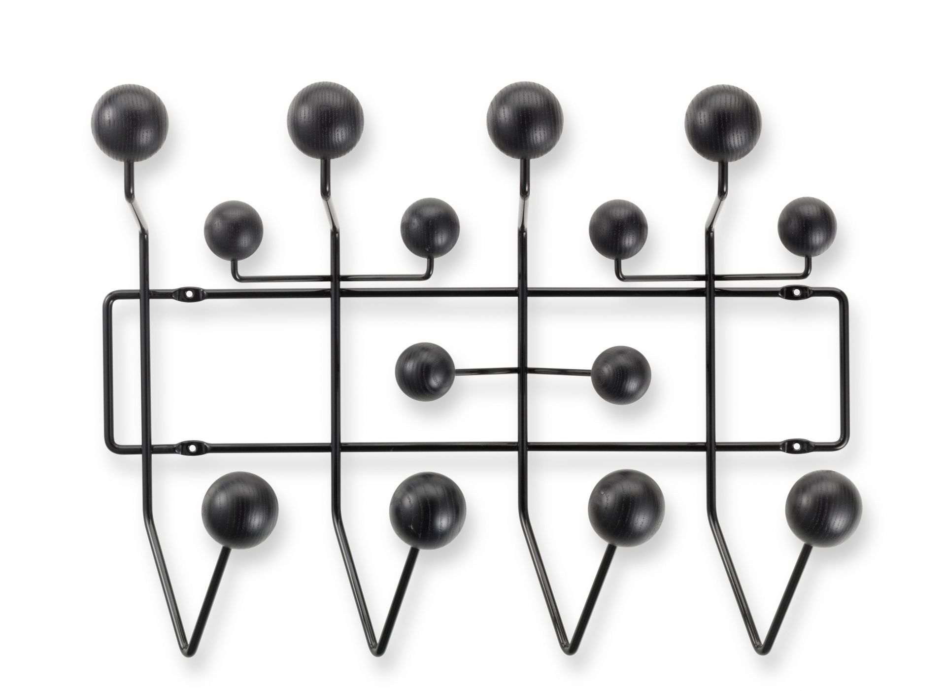Eames Hang it all Garderobe in Esche schwarz von Vitra, moderne Wandgarderobe mit Holzkugeln.