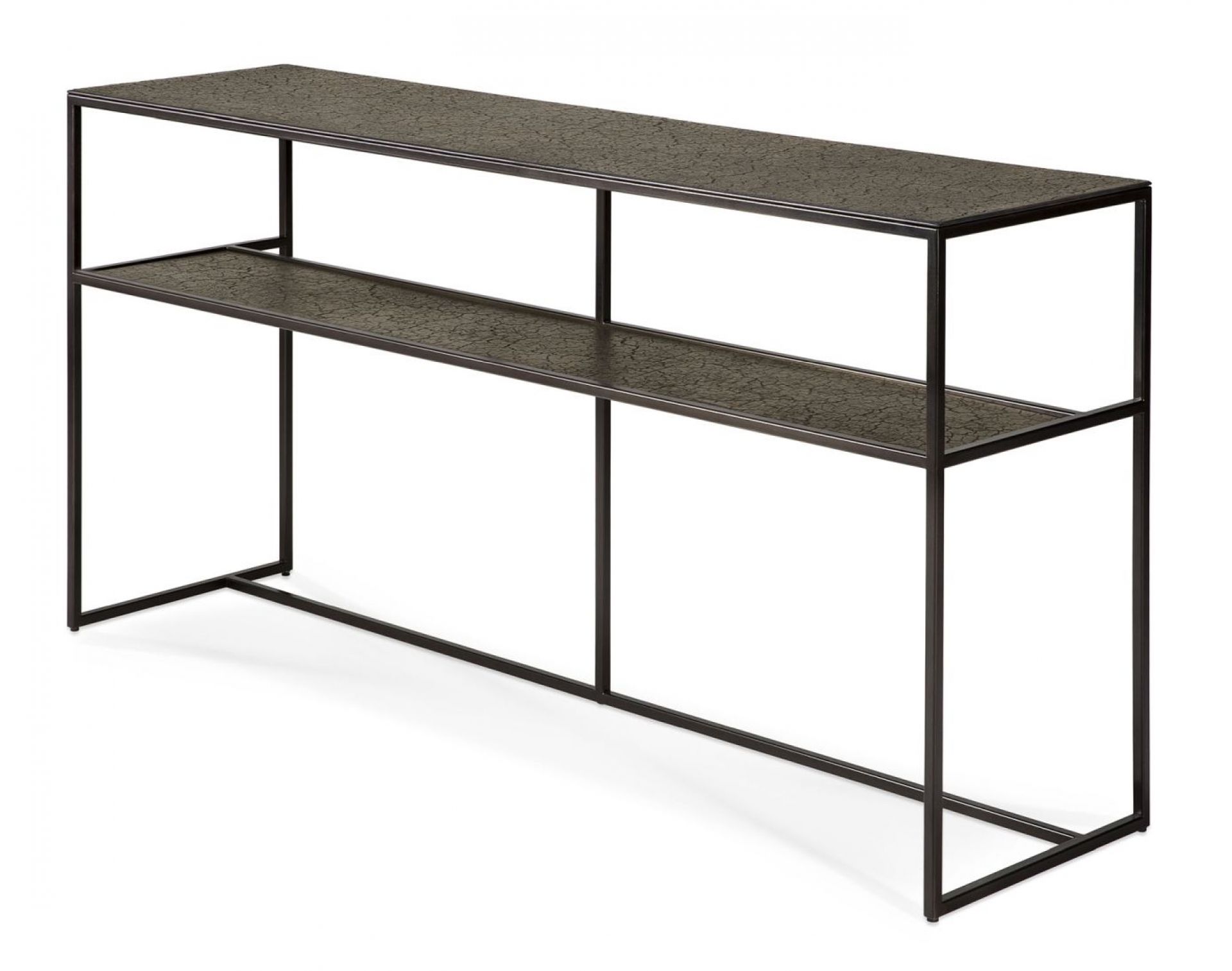 Pentagon Konsole von Ethnicraft in Lava/Whisky: Moderne Konsole mit zwei Ablageflächen und filigranem Metallgestell.