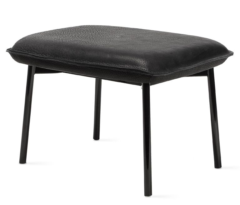 Schwarzer Grace Ottoman von Freifrau Manufaktur mit Lederbezug und filigranem Metallgestell, modernes Design.