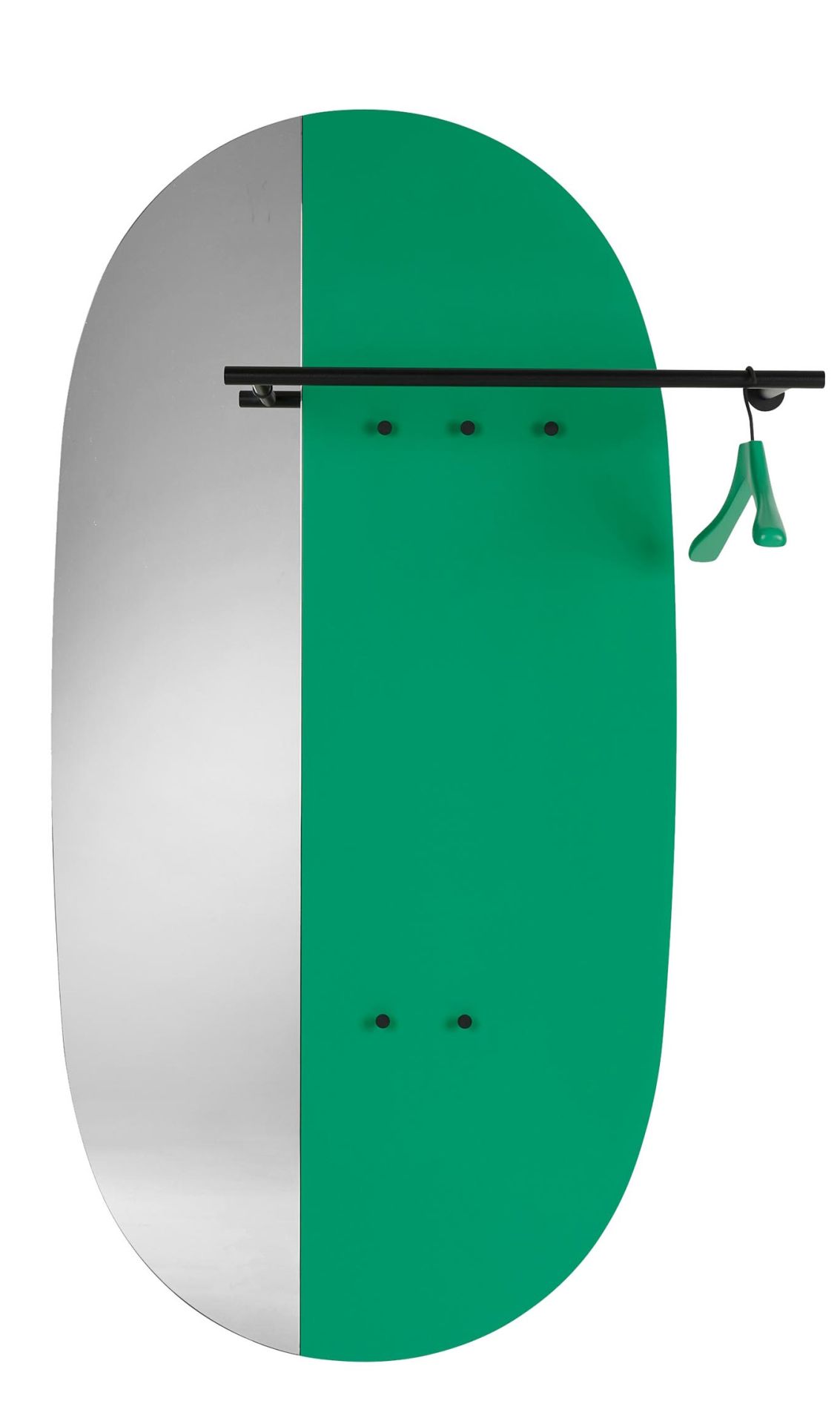 Mask Paneelgarderobe S B 95 Schönbuch: Ovale Wandgarderobe mit Spiegel, grüner Paneelfläche, Kleiderstange und Haken.