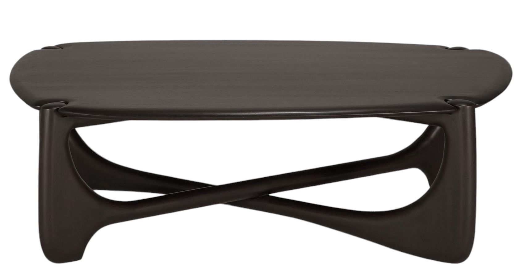 Dunkler PI Couchtisch von Ethnicraft aus Massivholz mit einzigartigem, gekreuztem Untergestell. Moderner Holztisch für Wohnzimmer.