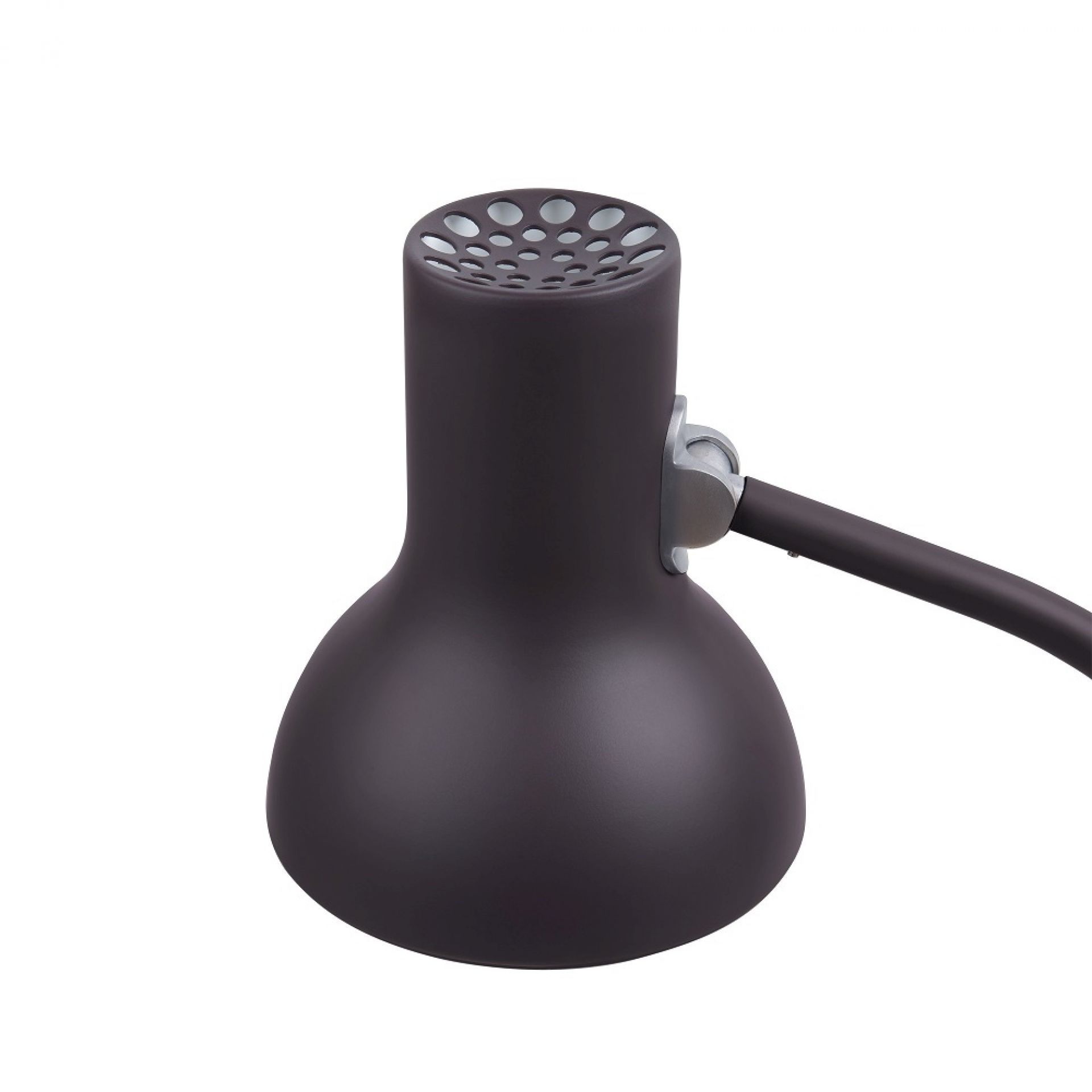 Nahaufnahme der Anglepoise Type 75 Mini Tischleuchte in dunklem Aubergine, modernes Design.