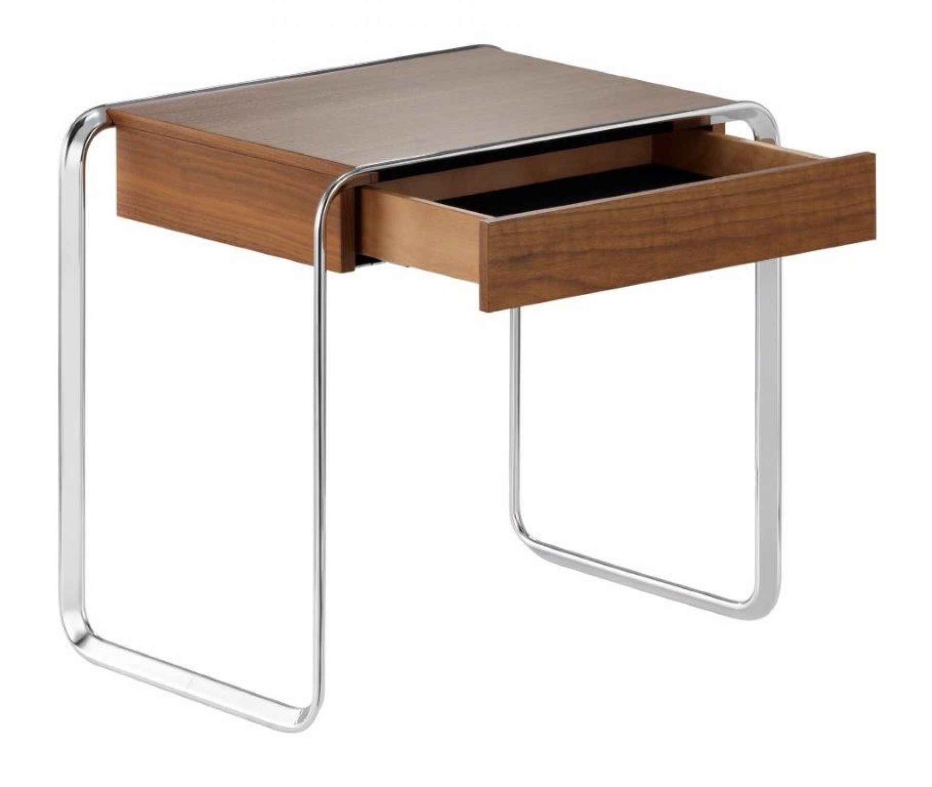 K2A Oblique Beistelltisch von Tecta mit offener Schublade und verchromtem Stahlrohrgestell. Moderner Nachttisch aus Holz.