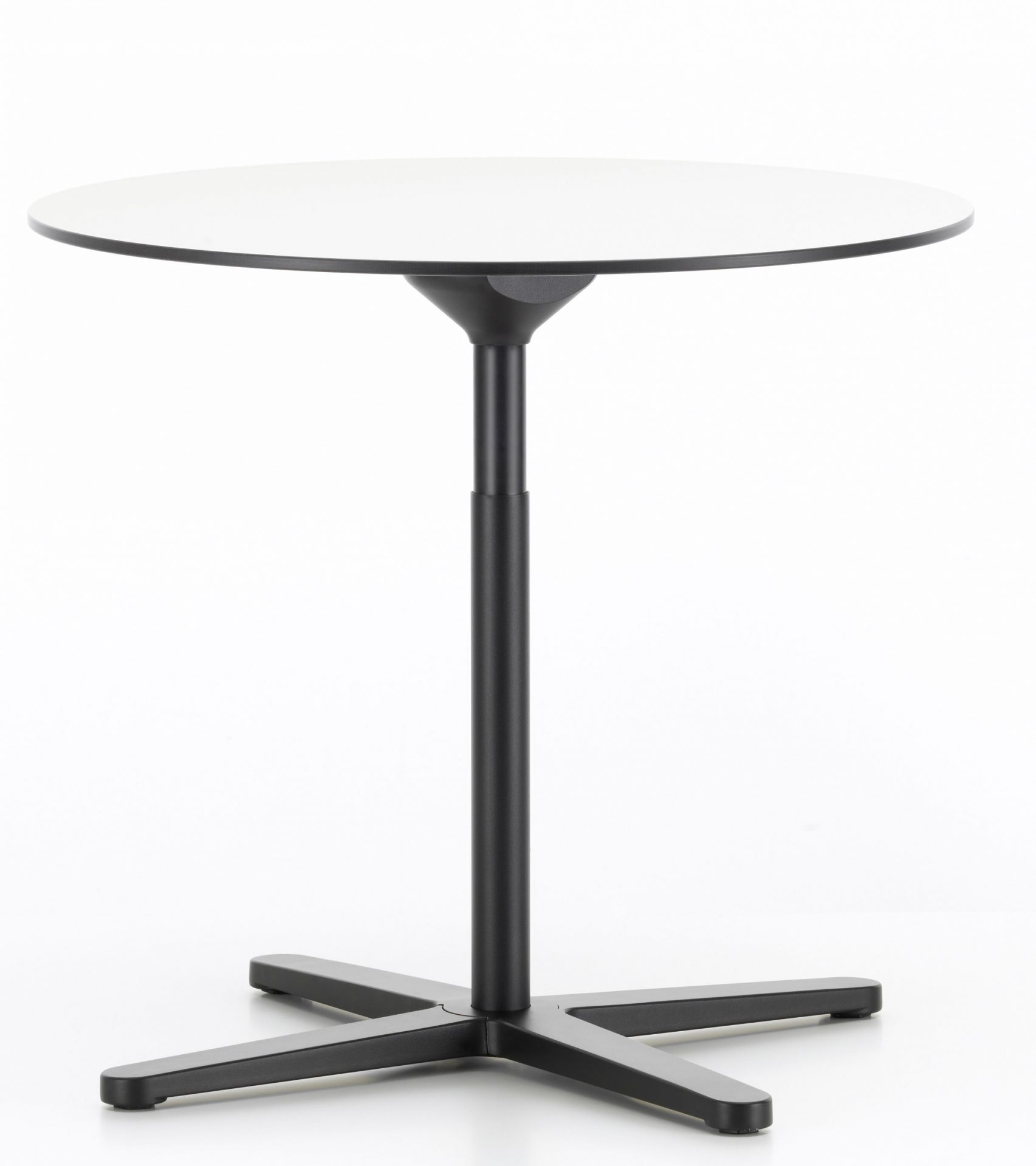 Weißer, runder Vitra Super Fold Table Faltbarer Tisch mit schwarzem Fuß auf weißem Hintergrund.
