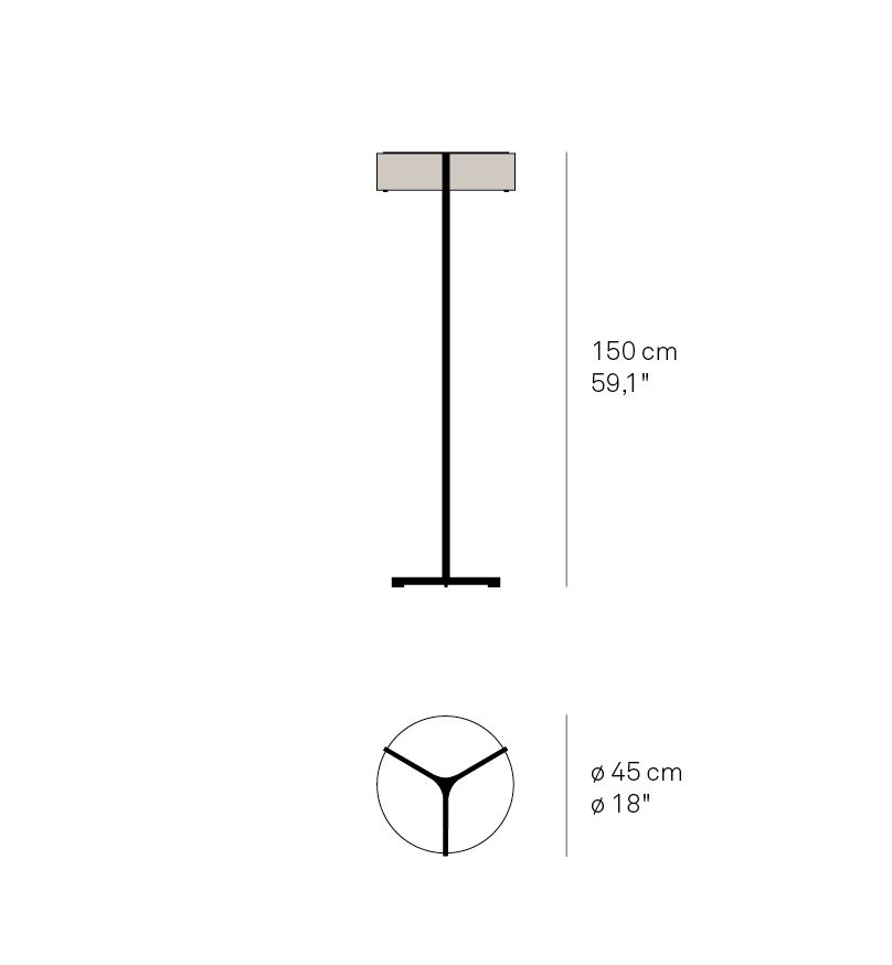 Thesis Floor LED Stehleuchte von LZF Lamps, technische Zeichnung mit Maßen für Höhe und Durchmesser.