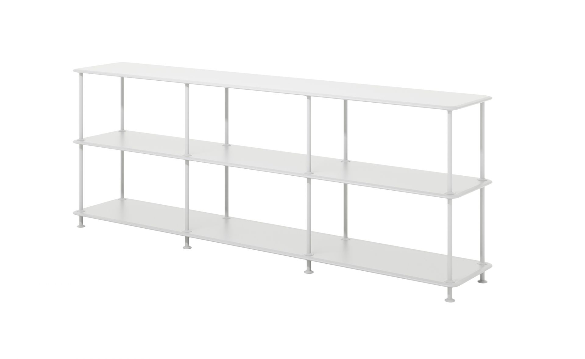 Weißes Montana Free Regal mit drei Ebenen für Wohnzimmer oder Büro.