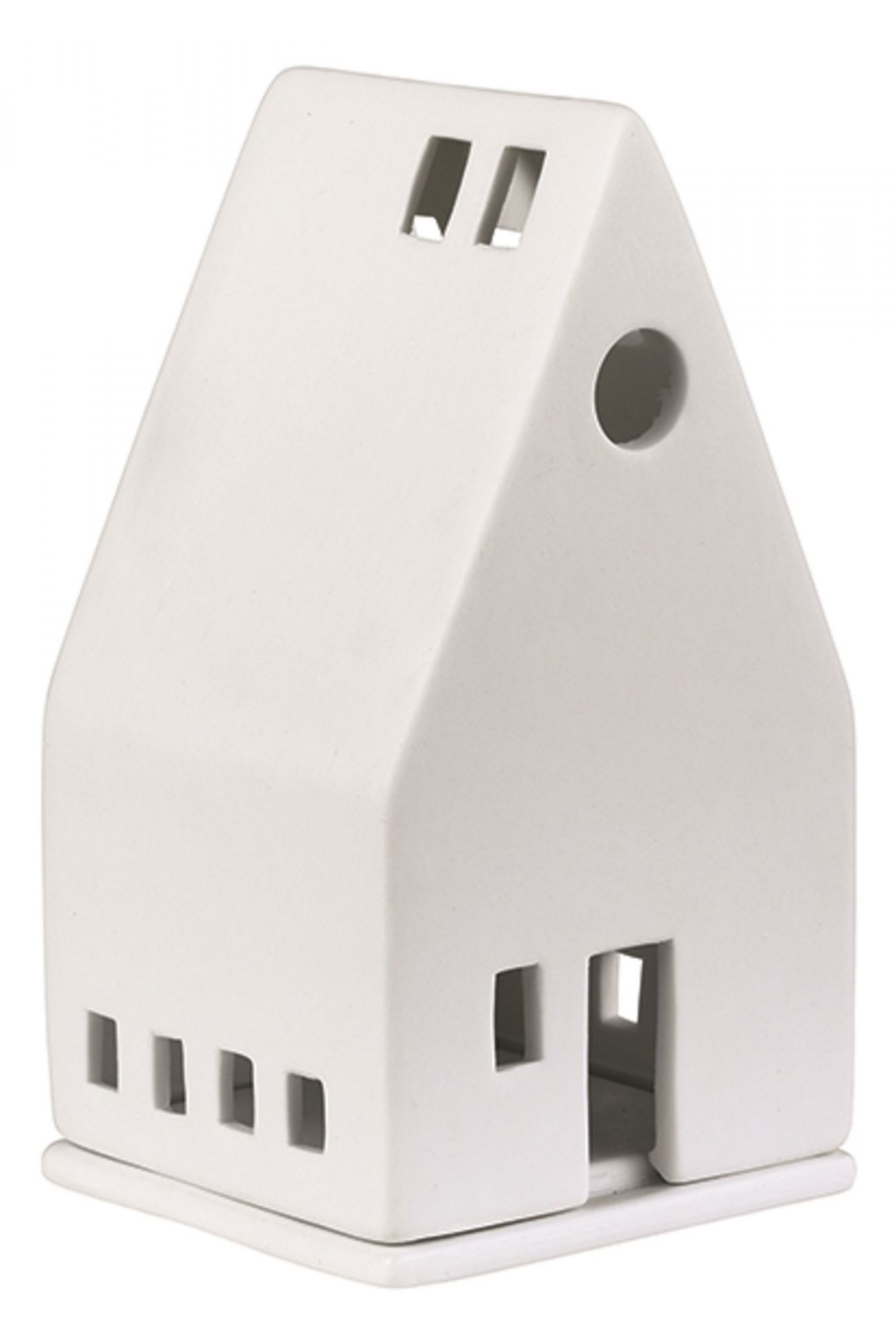 Detailaufnahme eines weißen Räder Lichthauses aus der Zuhause-Kollektion mit Fenster- und Türöffnungen.