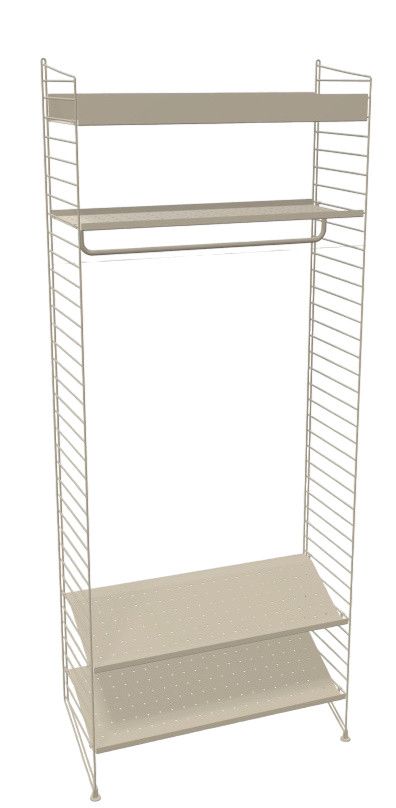 Beige Flur KONFIGURATIONEN H3 String Regal mit Kleiderstange und Regalböden für die Flureinrichtung.