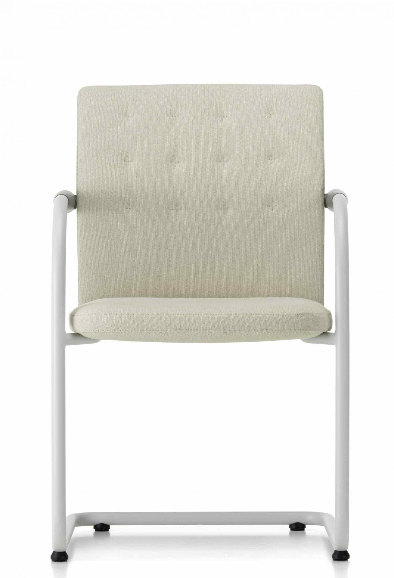 Vitra ID Visitor Trim Freischwinger Bürostuhl in Beige mit weißem Gestell, Frontansicht.