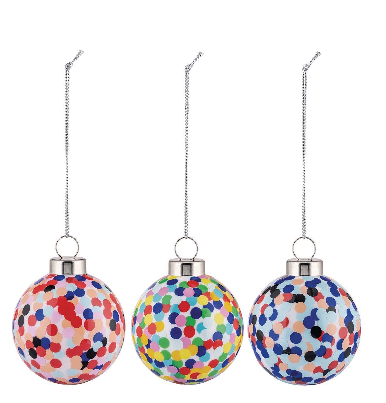Drei Alessi Weihnachtskugeln "Proust Kugel" mit bunten Konfetti-Punkten und silberner Aufhängung. Festliche Weihnachtsdekoration.