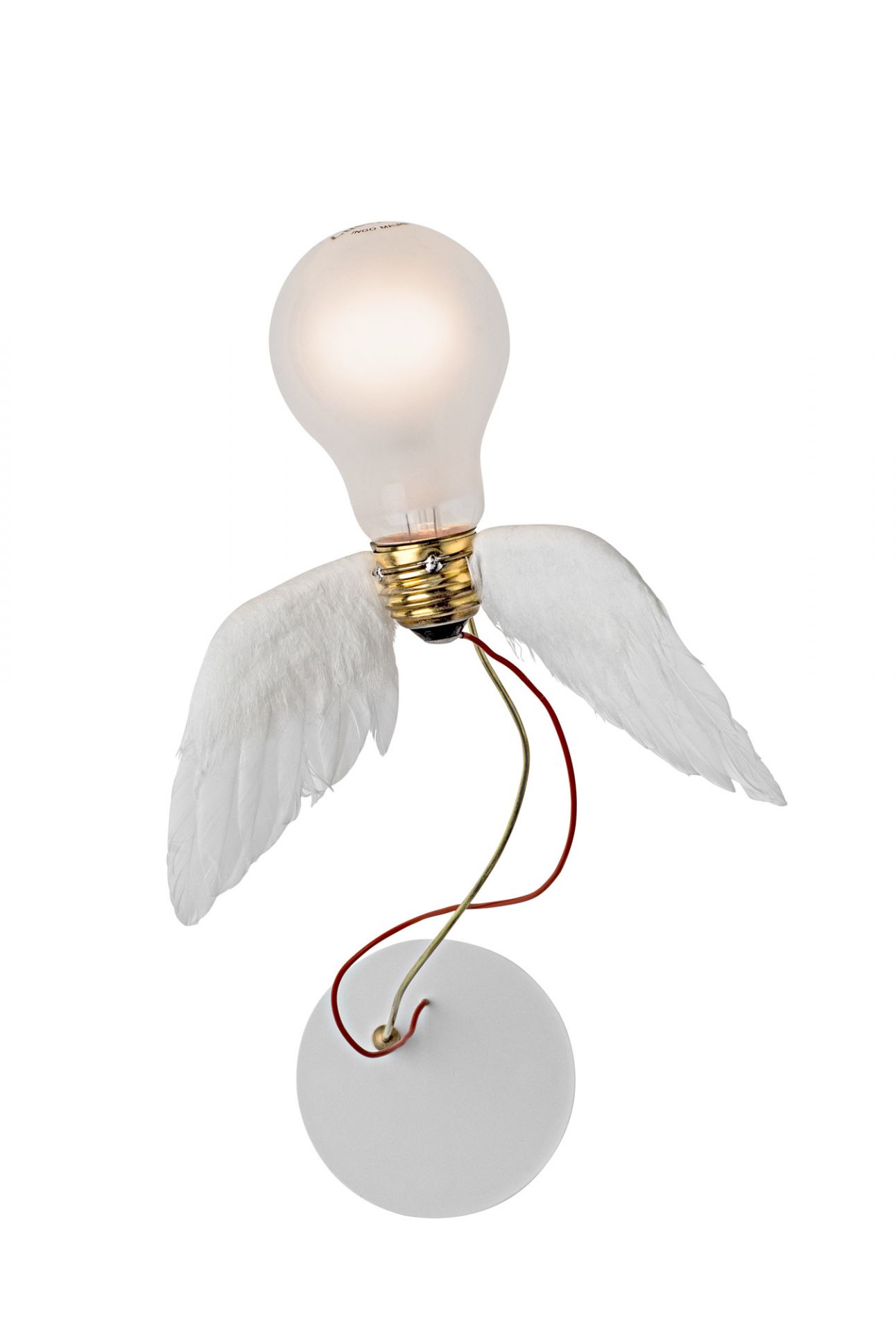 Lucellino Wandleuchte von Ingo Maurer: Glühbirne mit Flügeln als Wandlampe, modernes Design.