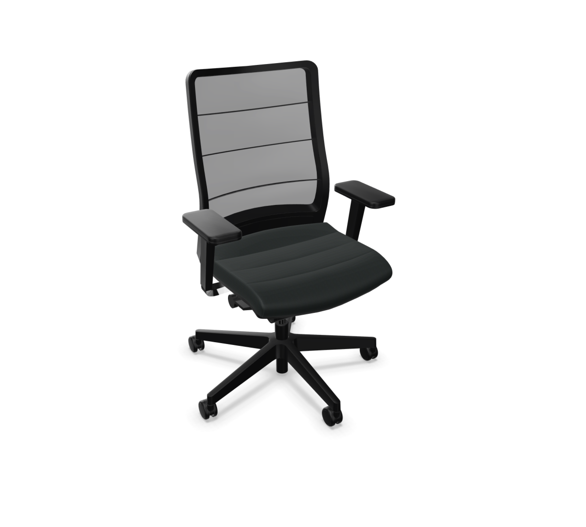 Schwarzer AirPad Drehstuhl von Interstuhl mit Netzrücken und Armlehnen, ergonomischer Bürostuhl für komfortables Sitzen.