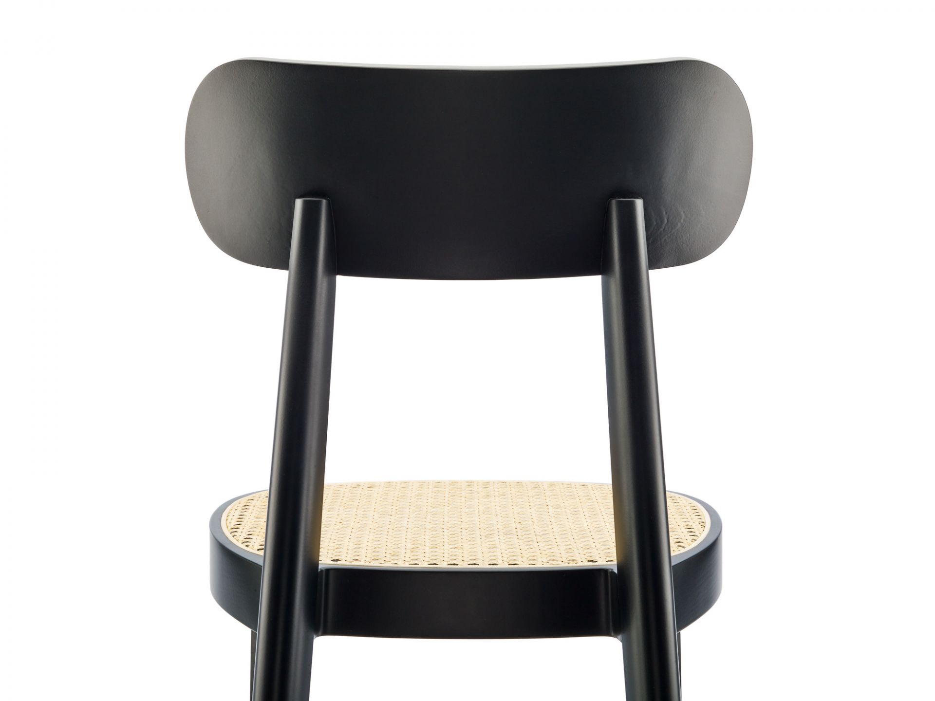 Rückansicht des Holzstuhl 118 Schwarz von Thonet mit Wiener Geflecht Sitzfläche. Designklassiker.