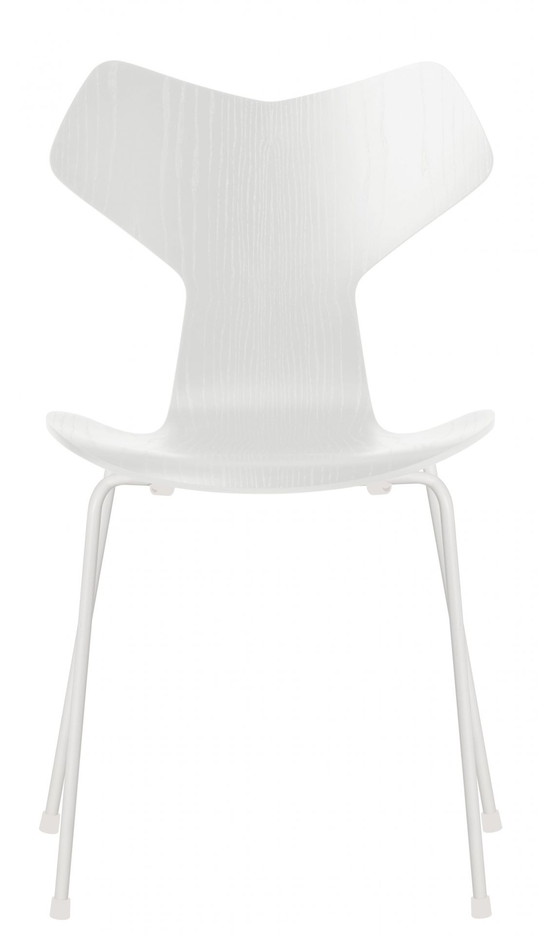 Weißer Grand Prix Stuhl von Fritz Hansen mit Holzstruktur und filigranem Metallgestell. Designklassiker für modernes Wohnen.