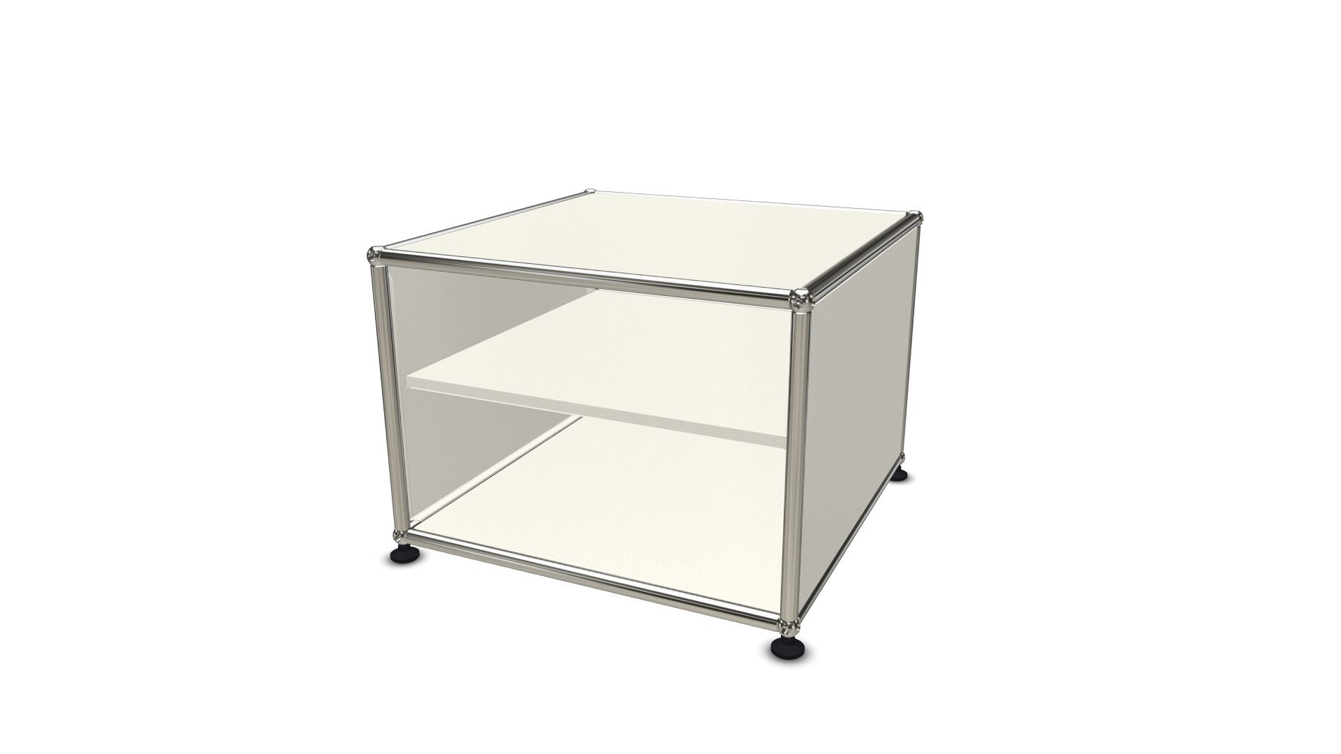 Weißes USM Haller Beistellmöbel mit Zwischentablar, minimalistisches Design für Wohnzimmer und Büro.