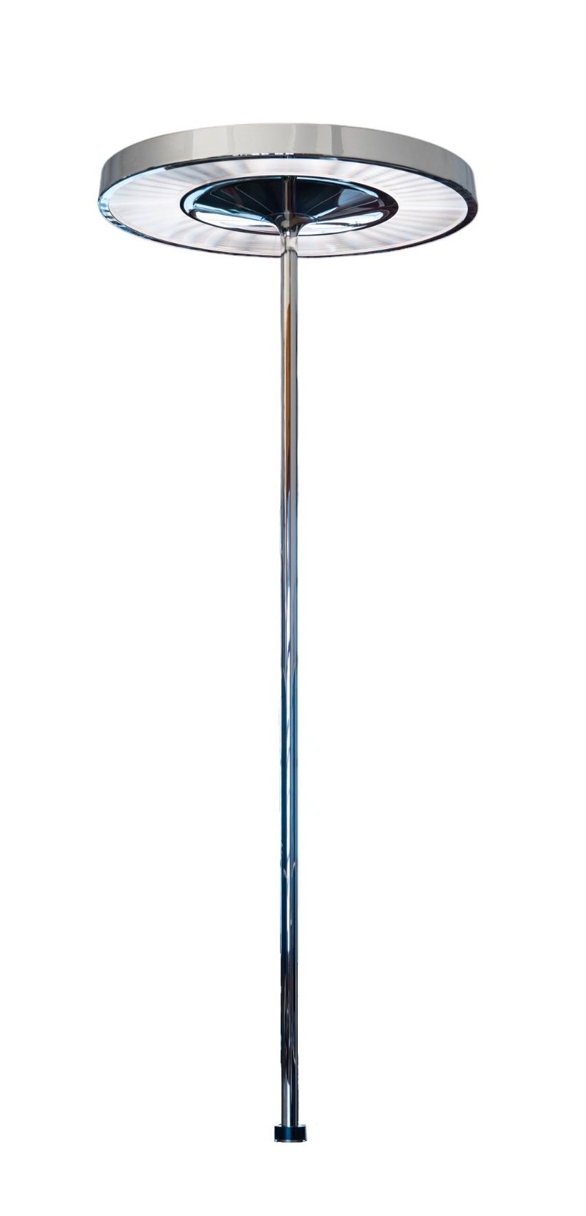 Disk Leuchte für USM Haller von Belux, Tischleuchte mit Chromfuß und kreisförmigem Lampenschirm.