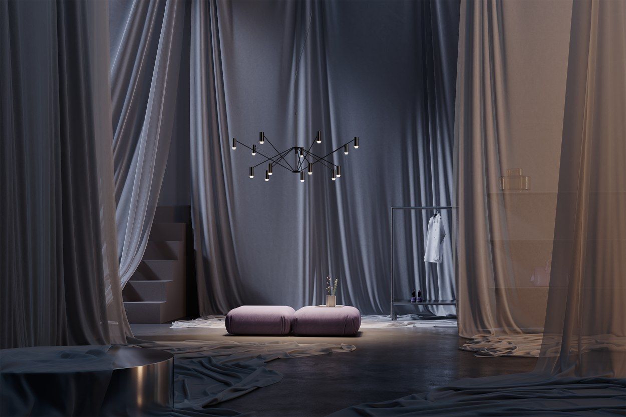 Moderne The W Pendelleuchte von Marset, schwarz und elfenbeinfarben, in stilvollem Wohnambiente mit Vorhängen.