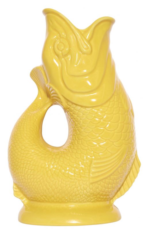 Gelbe Gluckigluck Karaffe in Fischform, XL Größe. Keramik Vase, dekorativ und einzigartig.