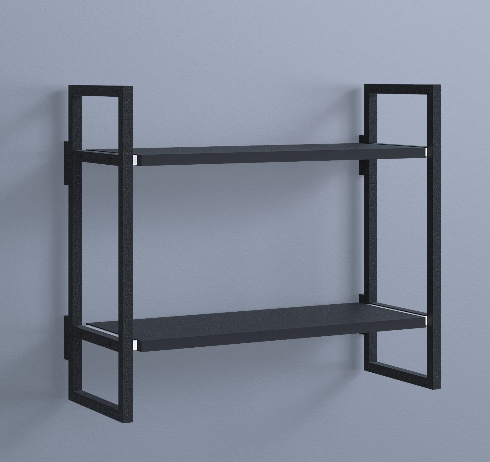 Schwarzes Oncono Wandregal Grundmodul A mit zwei Regalböden vor einer grauen Wand.