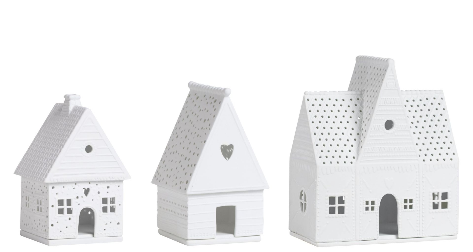 Zuhause Lichthaus 3er Set: Drei weiße, dekorative Lebkuchenhaus-Lichthäuser aus Keramik für stimmungsvolle Weihnachtsdekoration.