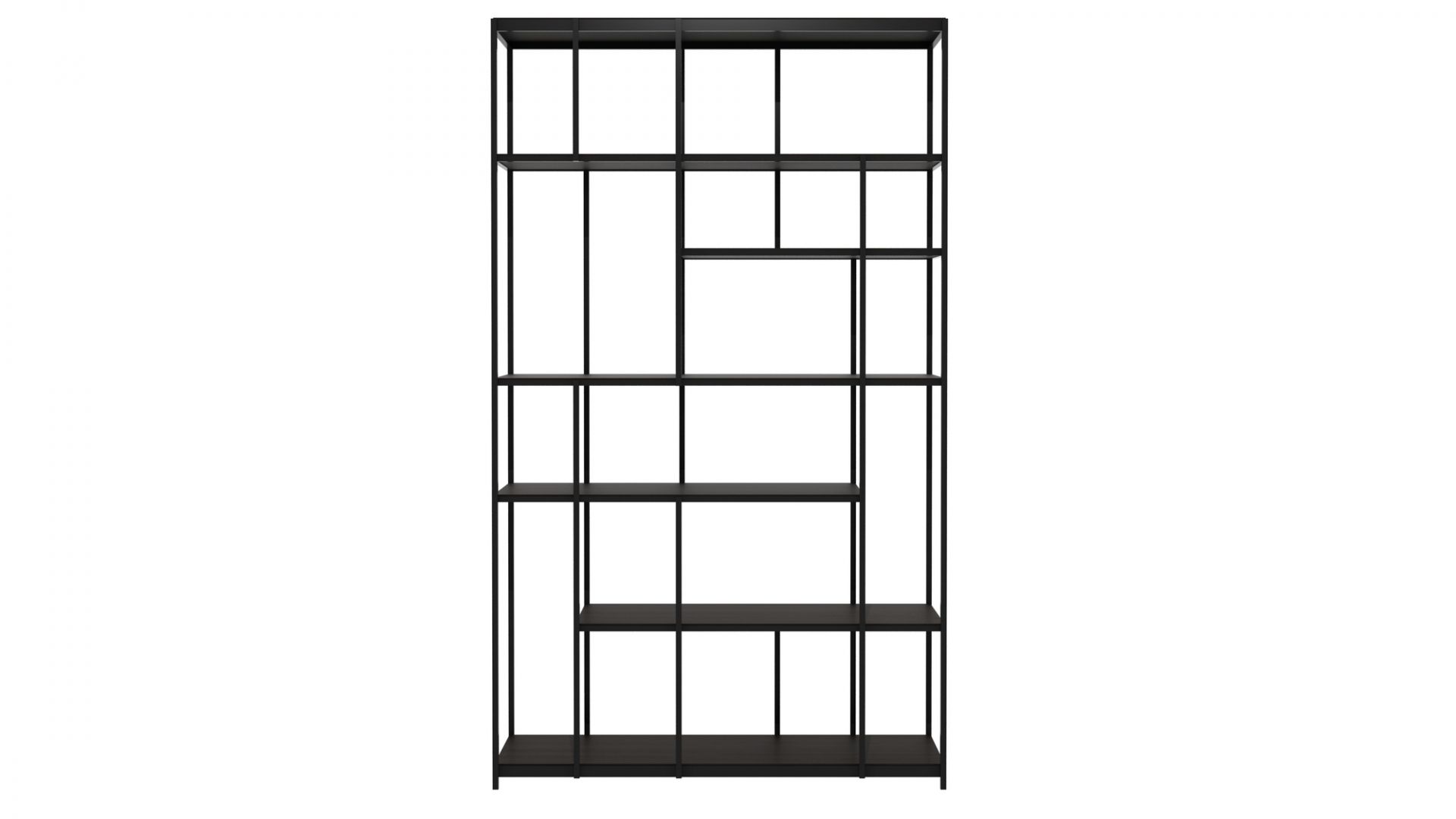 Schwarzes Ethnicraft Regal mit offenem Design und asymmetrischen Regalböden für Wohnzimmer und Büro.