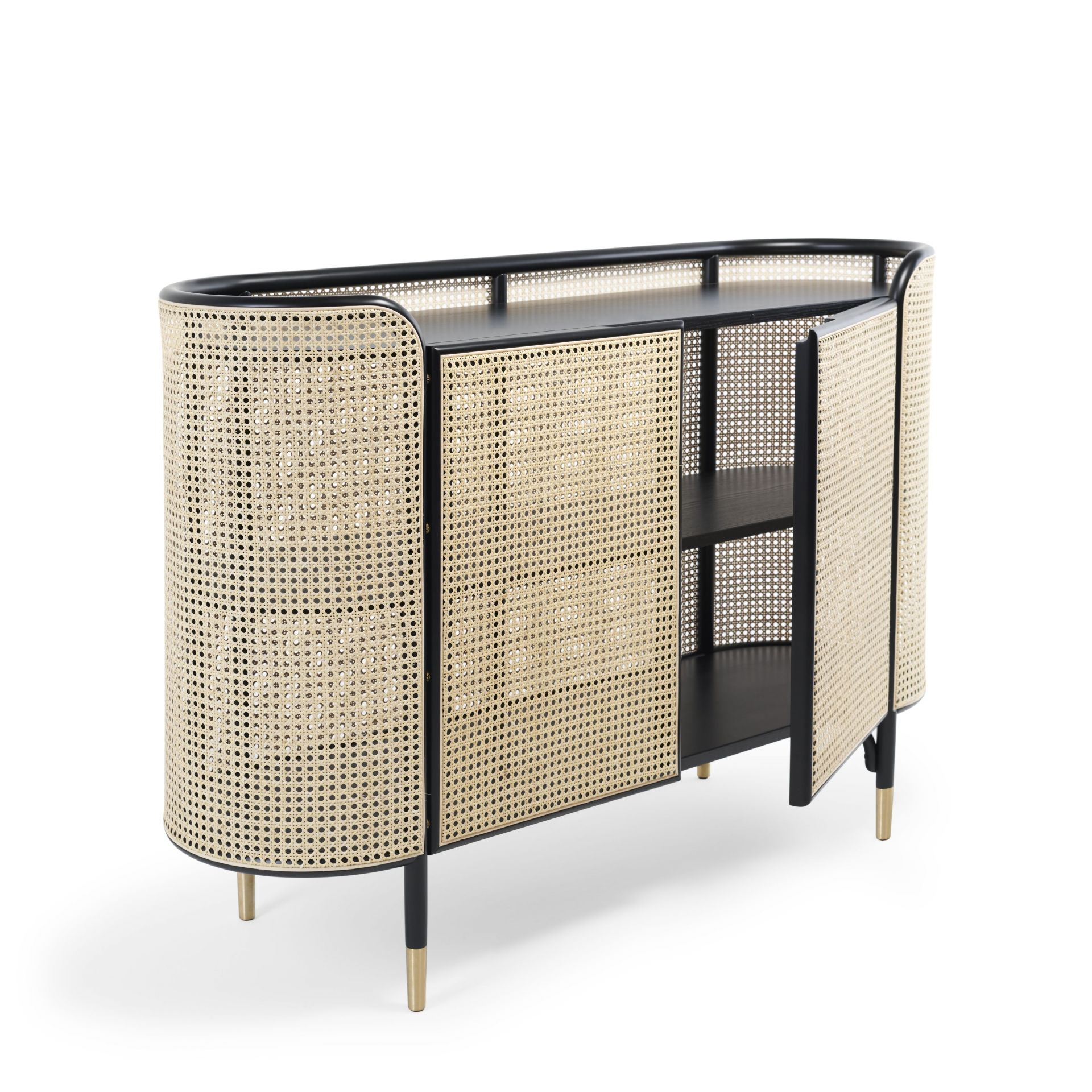 MOS Cabinet von Wiener GTV Design: Ovaler Schrank mit Wiener Geflecht und schwarzen Regalböden.