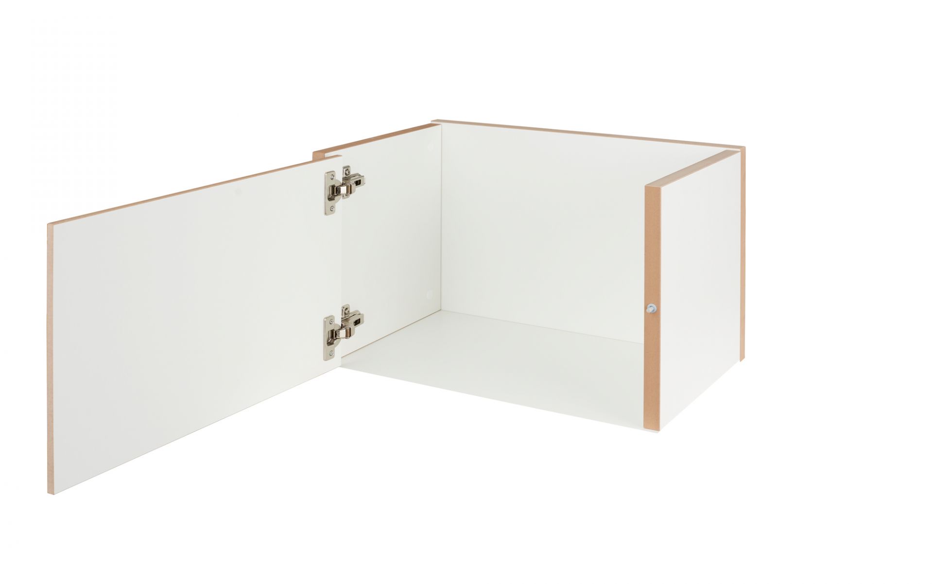 Tojo Regal: Weißes Türmodul für Regalsystem, Tür geöffnet, Innenseite sichtbar, Möbel für Wohnraum.