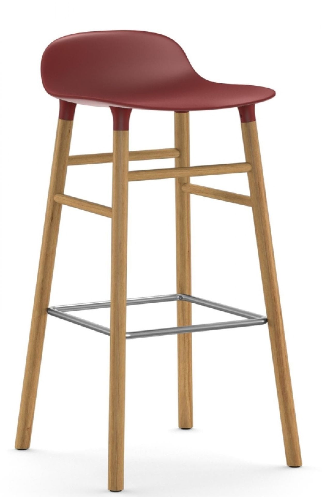 Form Barstool Barhocker von Normann Copenhagen, H 75 cm, Holzgestell und bordeauxroter Sitzschale.